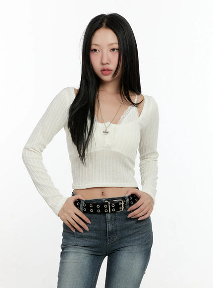 lace-trim-ribbed-cardigan-cn506 / Light beige