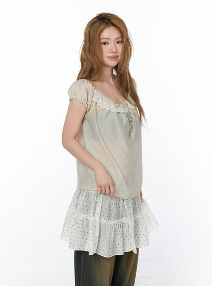 lace-puff-sleeve-blouse-cy505 / Light beige