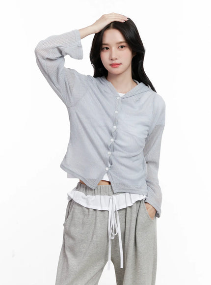 sheer-button-up-long-sleeve-zip-up-cl516 / Light gray