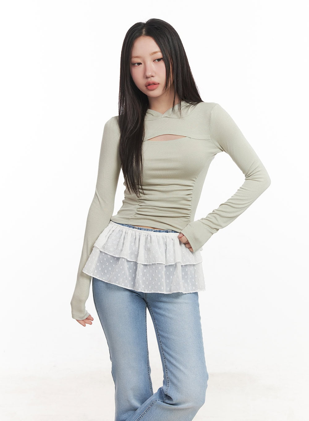 shirred-cut-out-crop-hoodie-top-ca521 / Light green