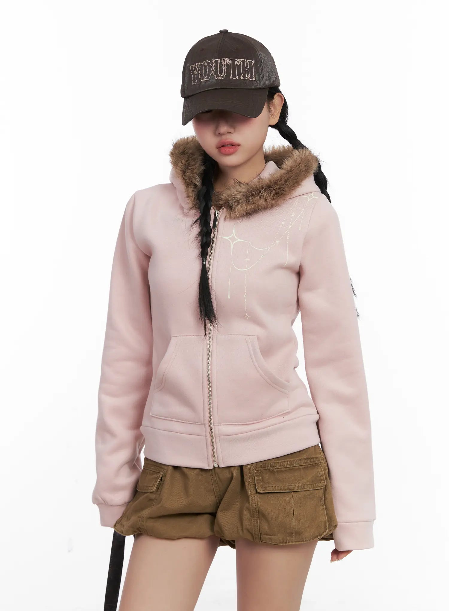 faux-fur-trim-cropped-hoodie-cn528 / Light pink
