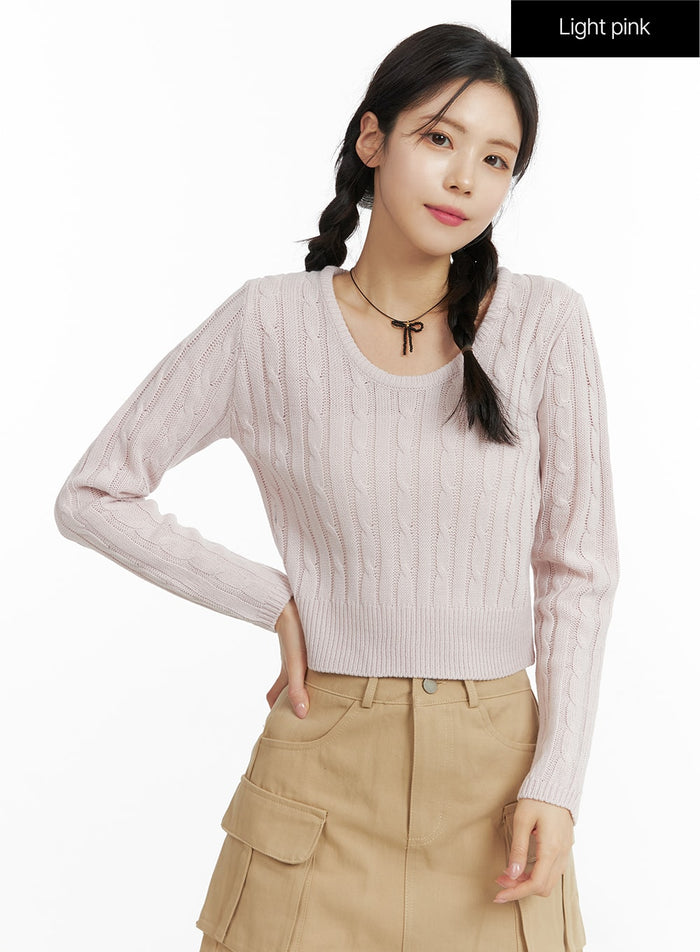 round-neck-crop-cable-sweater-of408 / Light pink