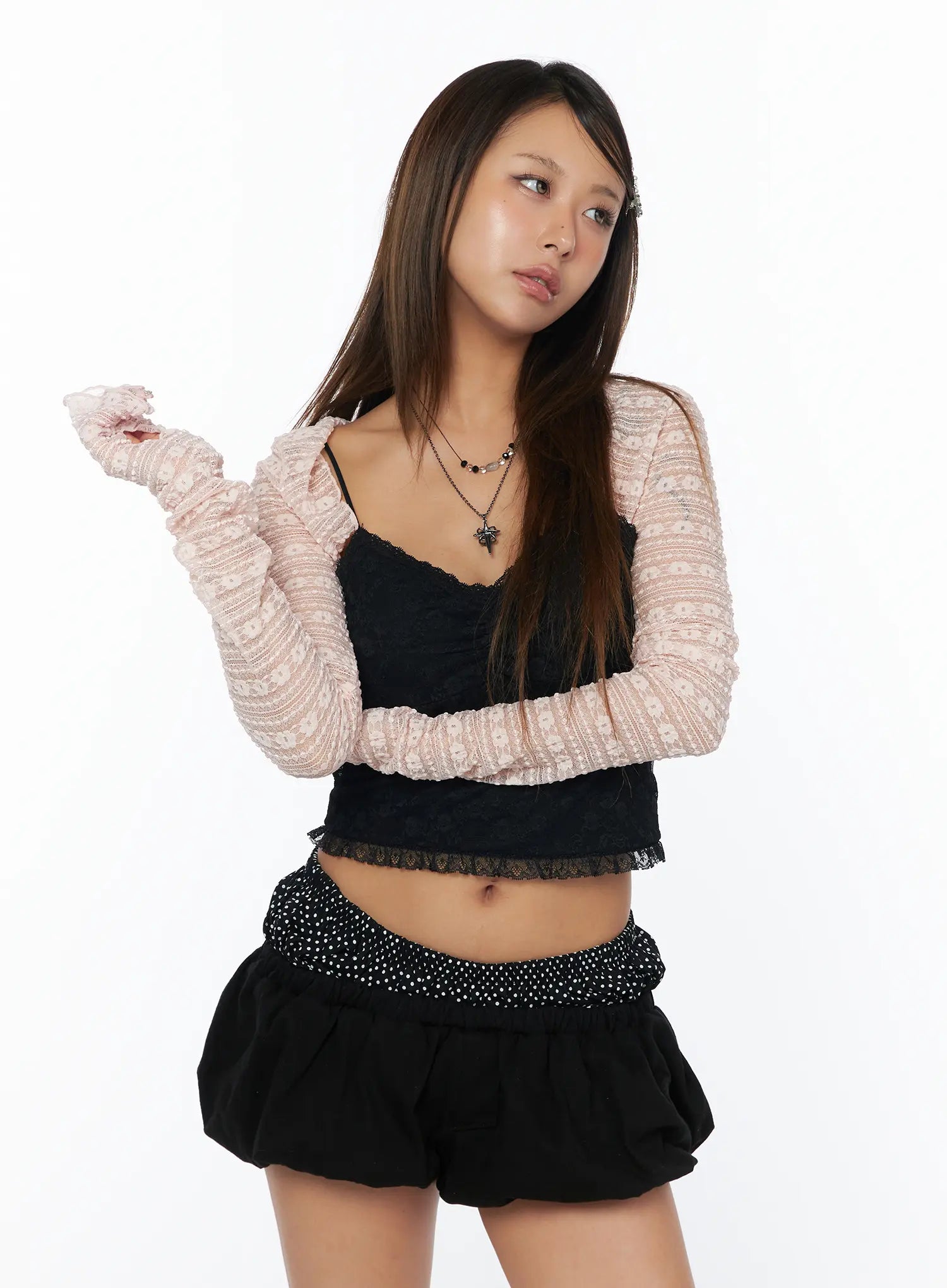 sheer-lace-long-sleeve-bolero-ca516 / Light pink