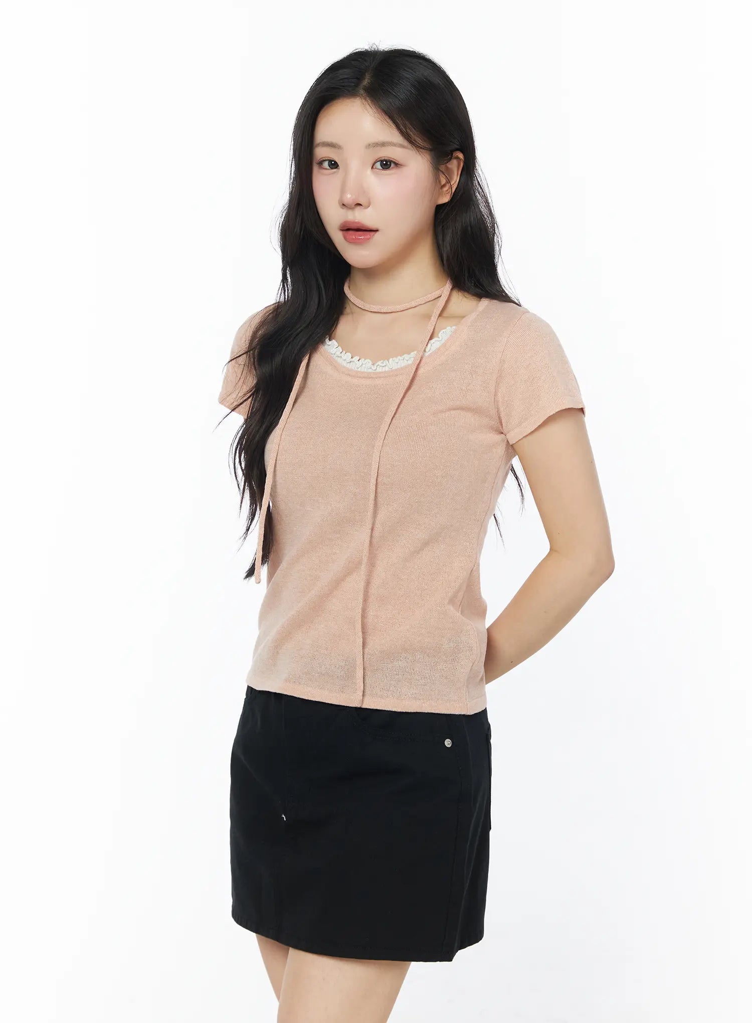 sheer-short-sleeve-top-and-scarf-cy522 / Light pink