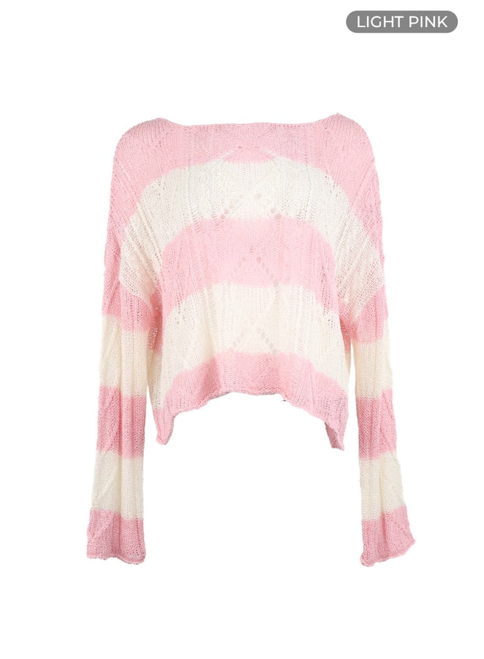 wool-blend-hollow-out-striped-knit-sweater-cm415 / Light pink