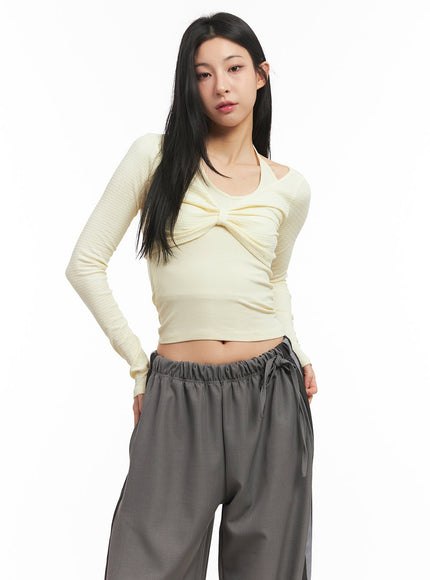 twist-ribbon-long-sleeve-crop-top-cm503 / Light yellow