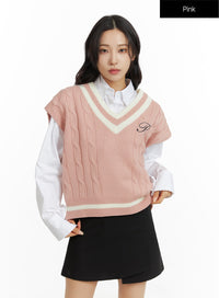 cable-knit-v-neck-vest-sweater-cf415 / Pink