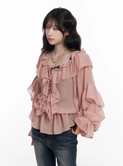 ruffle-long-sleeve-blouse-cj527 / Pink