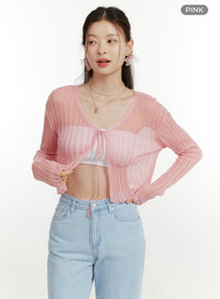 drawstring-v-neck-sheer-cardigan-ou419 / Pink
