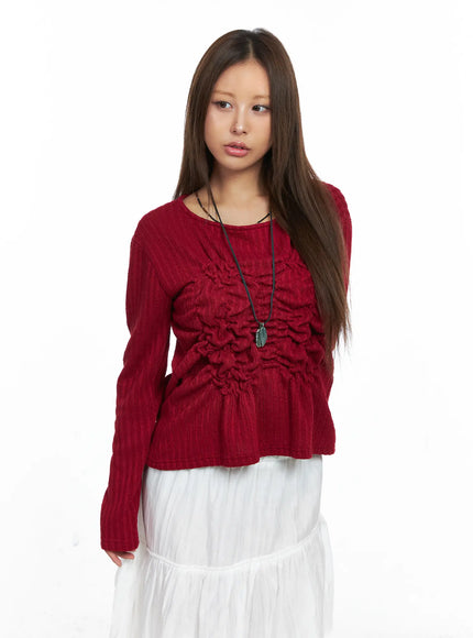 ruffled-ribbed-long-sleeve-top-co510 / Red