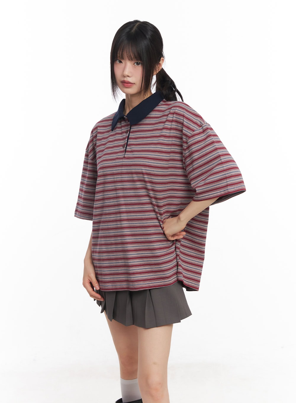 oversized-striped-short-sleeve-polo-shirt-cy514 / Red