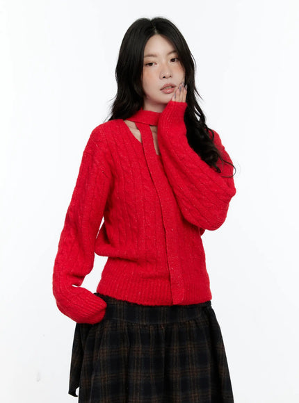 v-neck-knit-sweater-and-tie-set-cn517 / Red