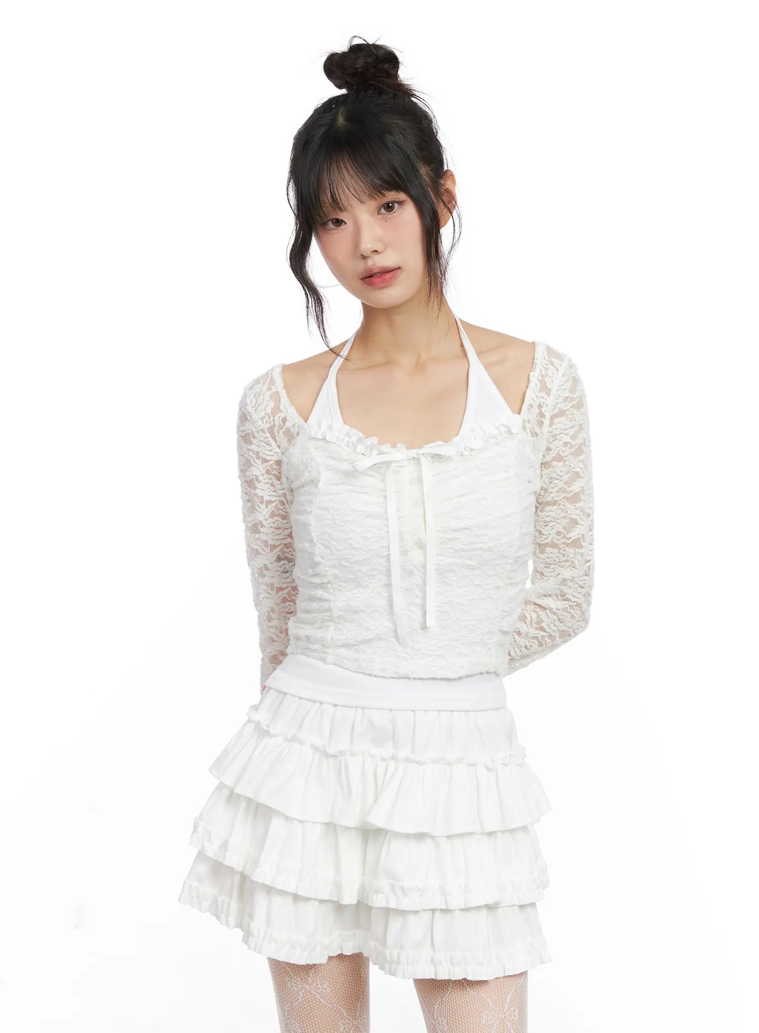 lace-ruffle-shirred-crop-top-cn520 / White