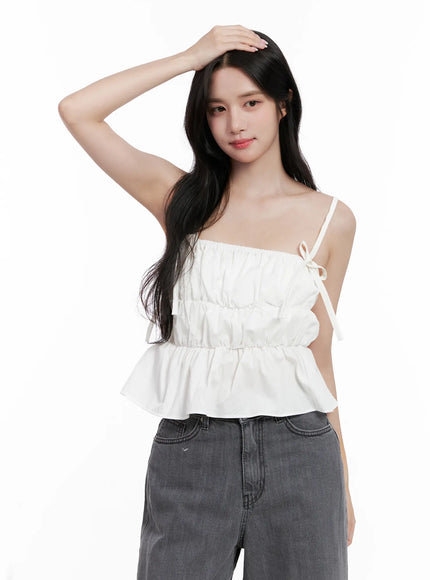 ribbon-strap-ruffle-scrunch-tank-cl516 / White