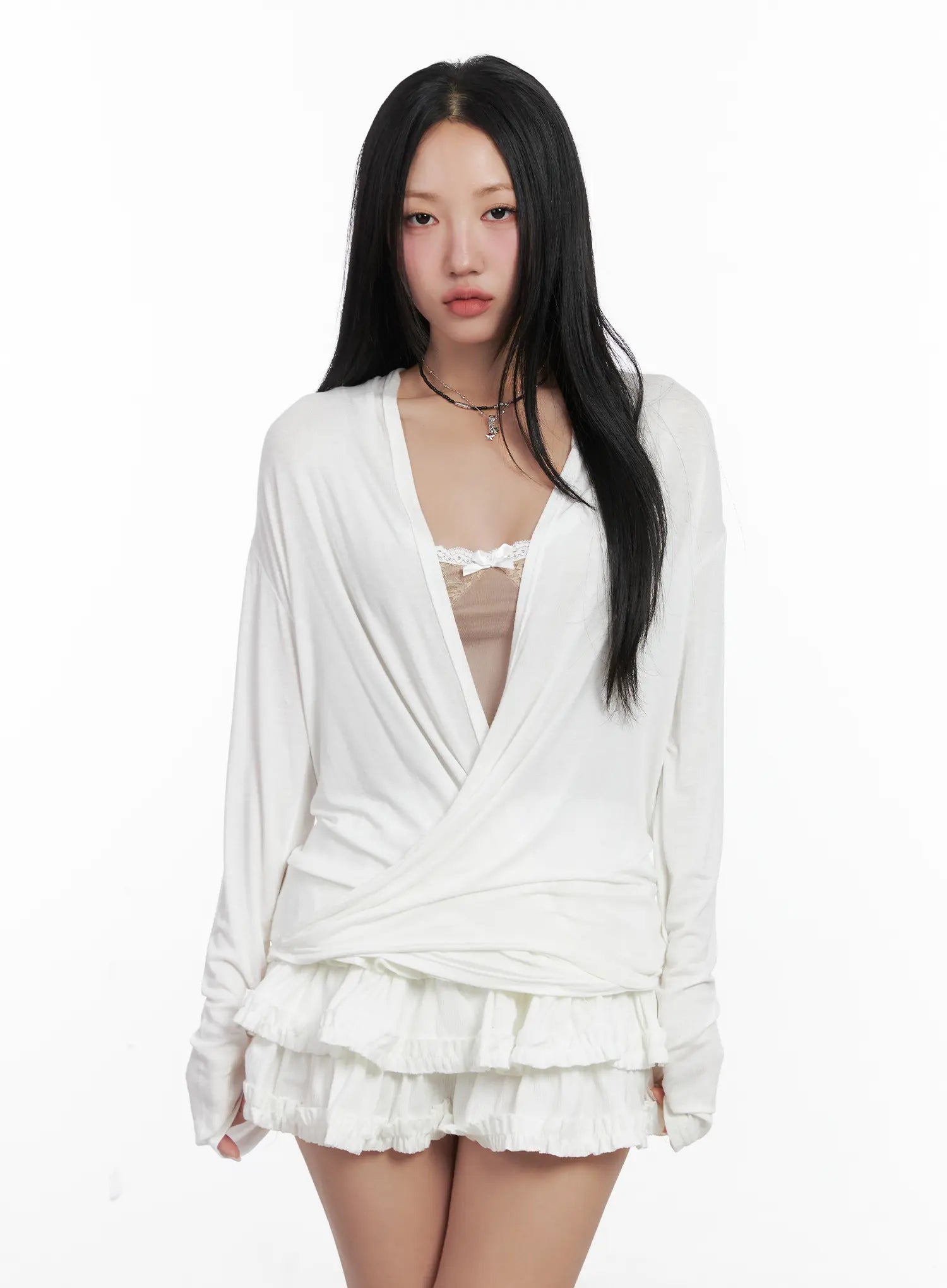 casual-v-neck-long-sleeve-top-cn528 / White