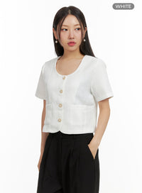 short-sleeve-buttoned-u-neck-jacket-ou407 / White
