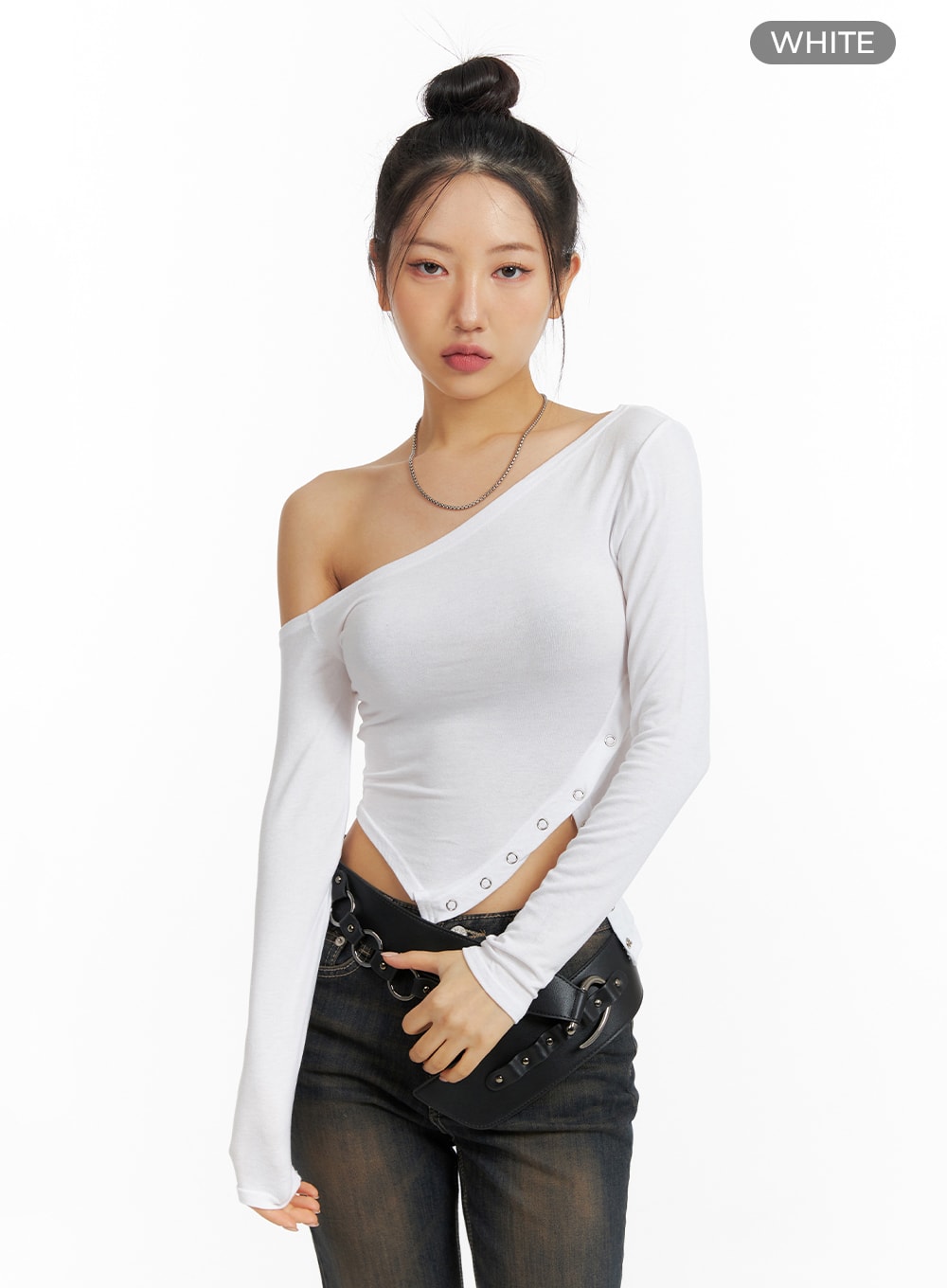 Jeans One Sided Sleeve Top One Shoulder White Long Sleeve Top