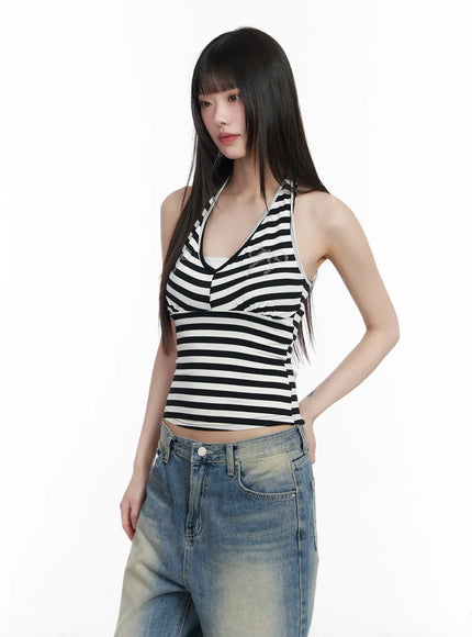 bow-embellished-stripe-padded-halter-top-cm524 / White