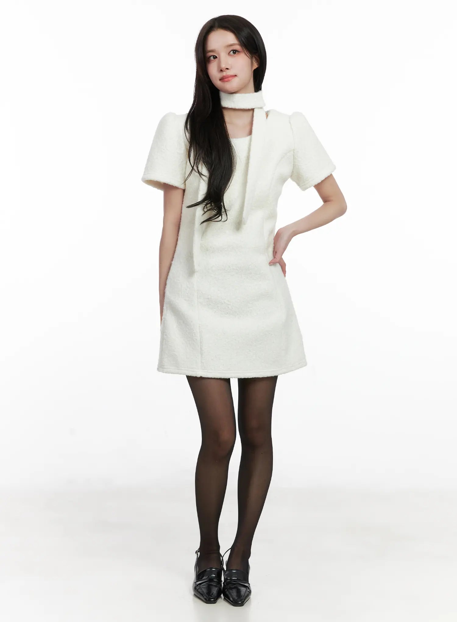 textured-mini-dress-and-scarf-set-cn526 / White