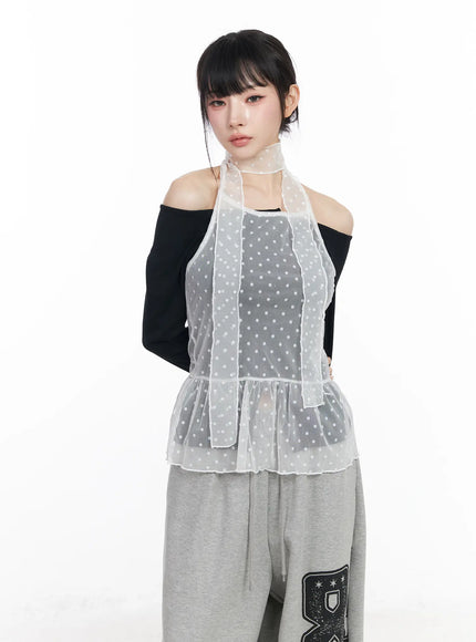 polka-dot-sheer-tank-top-and-scarf-cf518 / White
