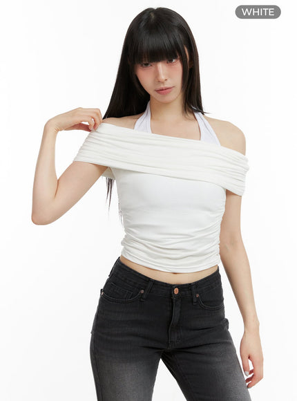 shirred-off-shoulder-crop-top-cl422 / White