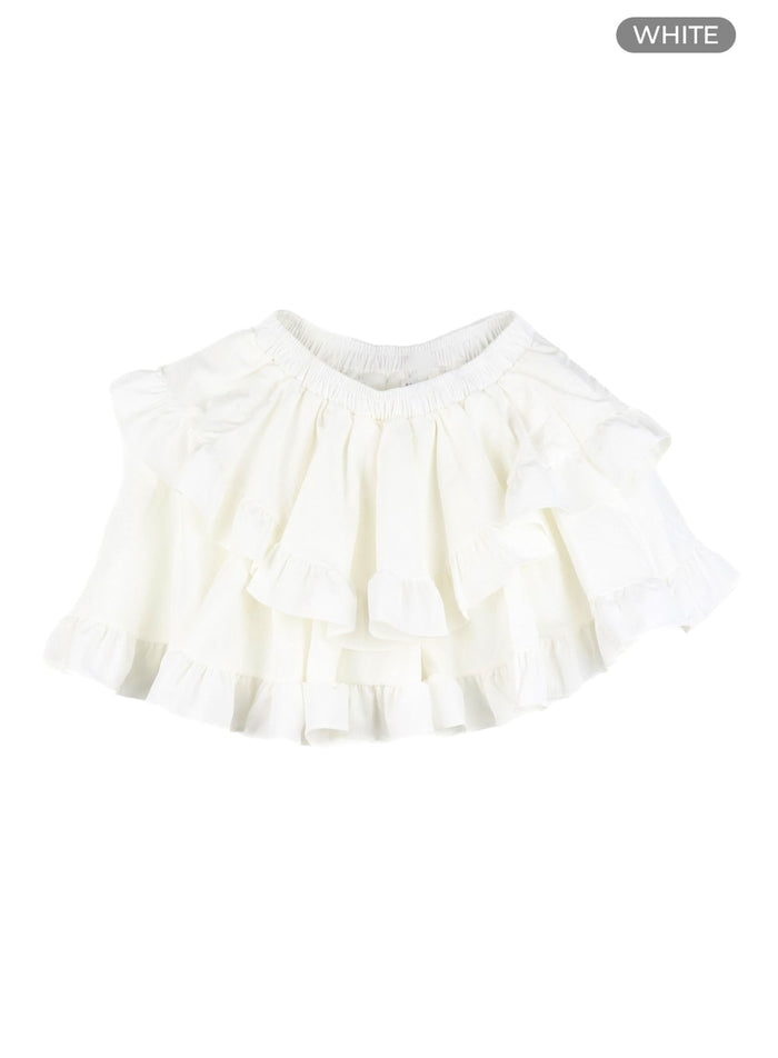 solid-shirred-ruffle-hem-mini-skirt-cm415 / White