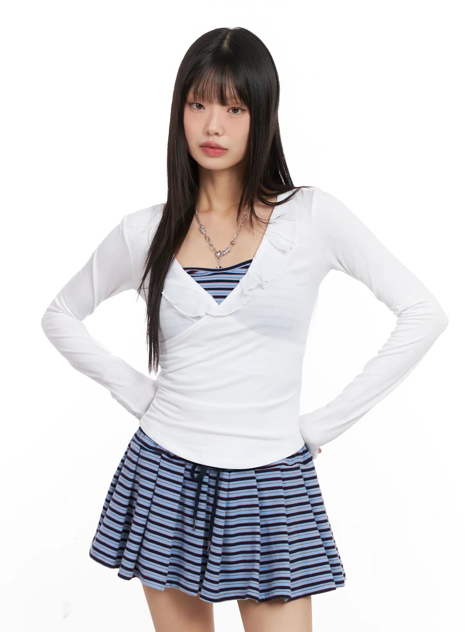 ruffled-v-neck-chiffon-top-cn520 / White