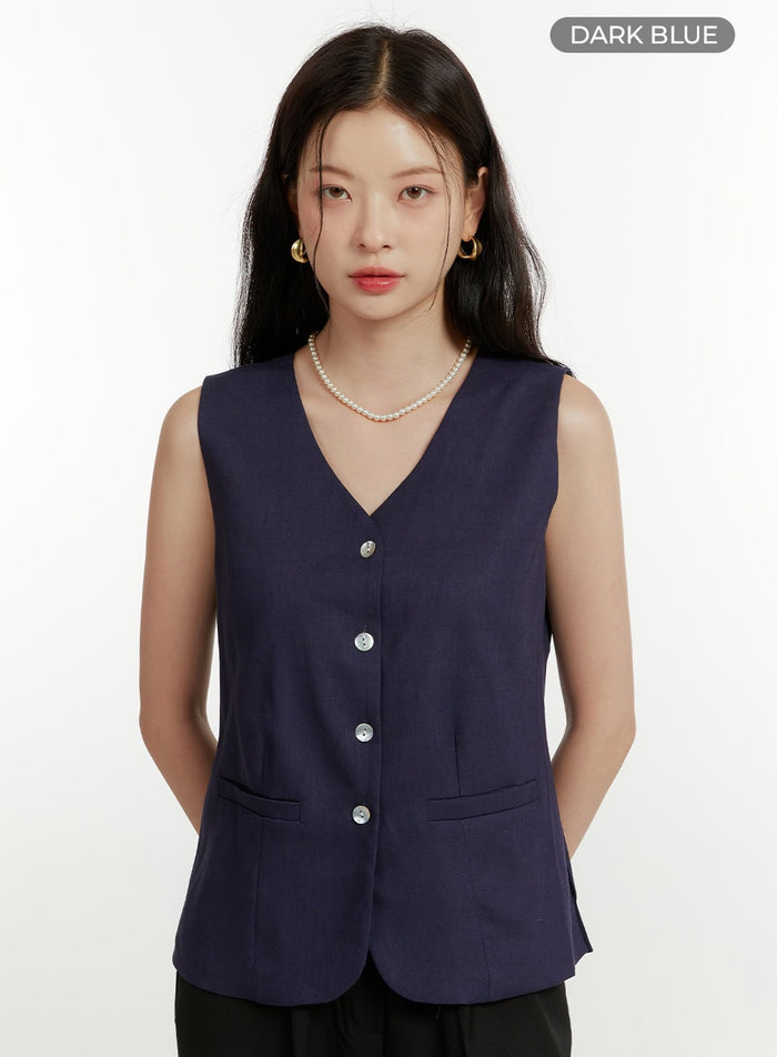 linen-v-neck-sleeveless-vest-ou419 / Dark blue