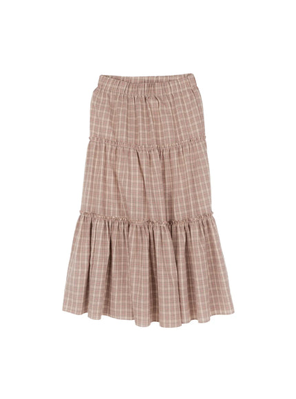 ruffled-gingham-tiered-maxi-skirt-cg520 / Beige