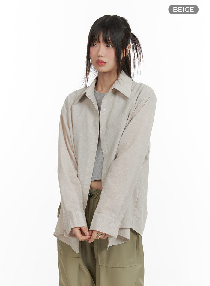 solid-button-oversized-long-sleeve-shirt-ca418 / Beige