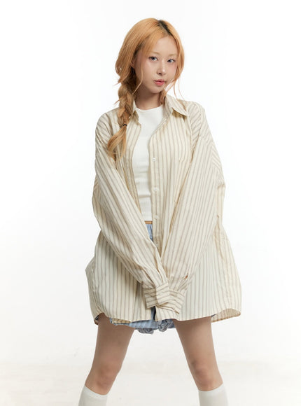 striped-buttoned-oversized-collared-shirt-cy505 / Beige