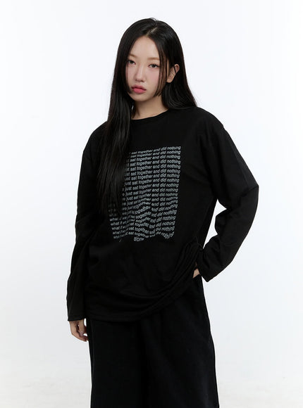 oversized-graphic-phrase-long-sleeve-top-cd424 / Black