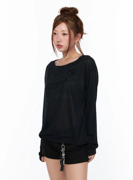 oversized-embroidered-sheer-long-sleeve-tee-ca515 / Black