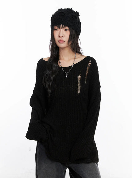 distressed-off-shoulder-sweater-cc1809 / Black