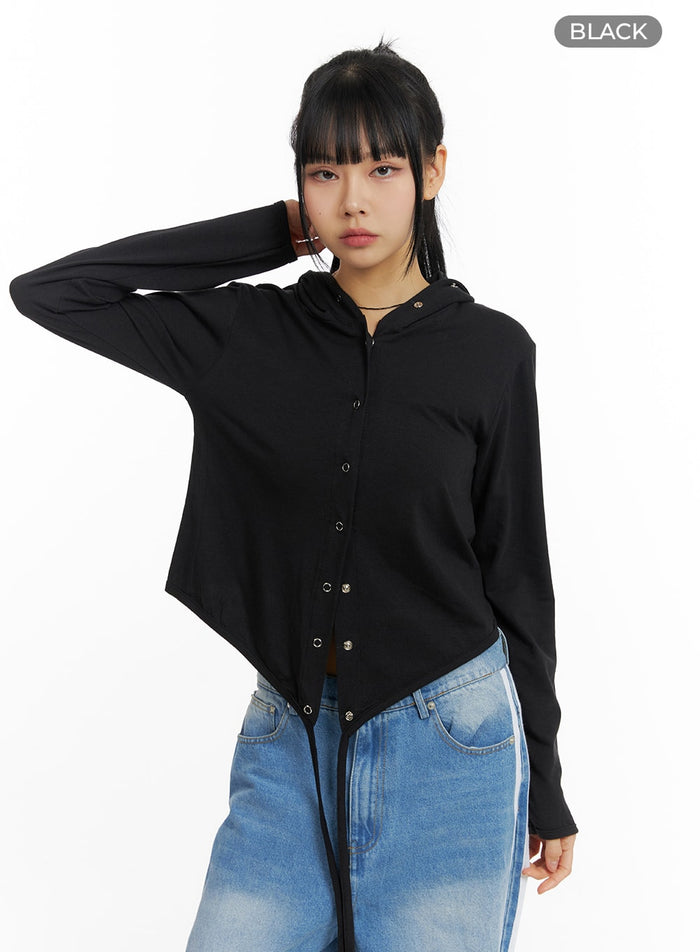 hooded-solid-ruched-long-sleeve-tee-cm407 / Black
