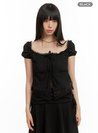 lace-hem-cotton-ribboned-square-neck-shirt-cu425 / Black