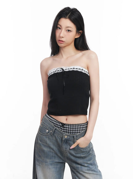 lace-ribbon-tube-top-cu510 / Black