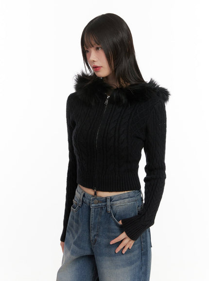 Fur-Hooded Zip-up Knit Crop Cardigan CJ502