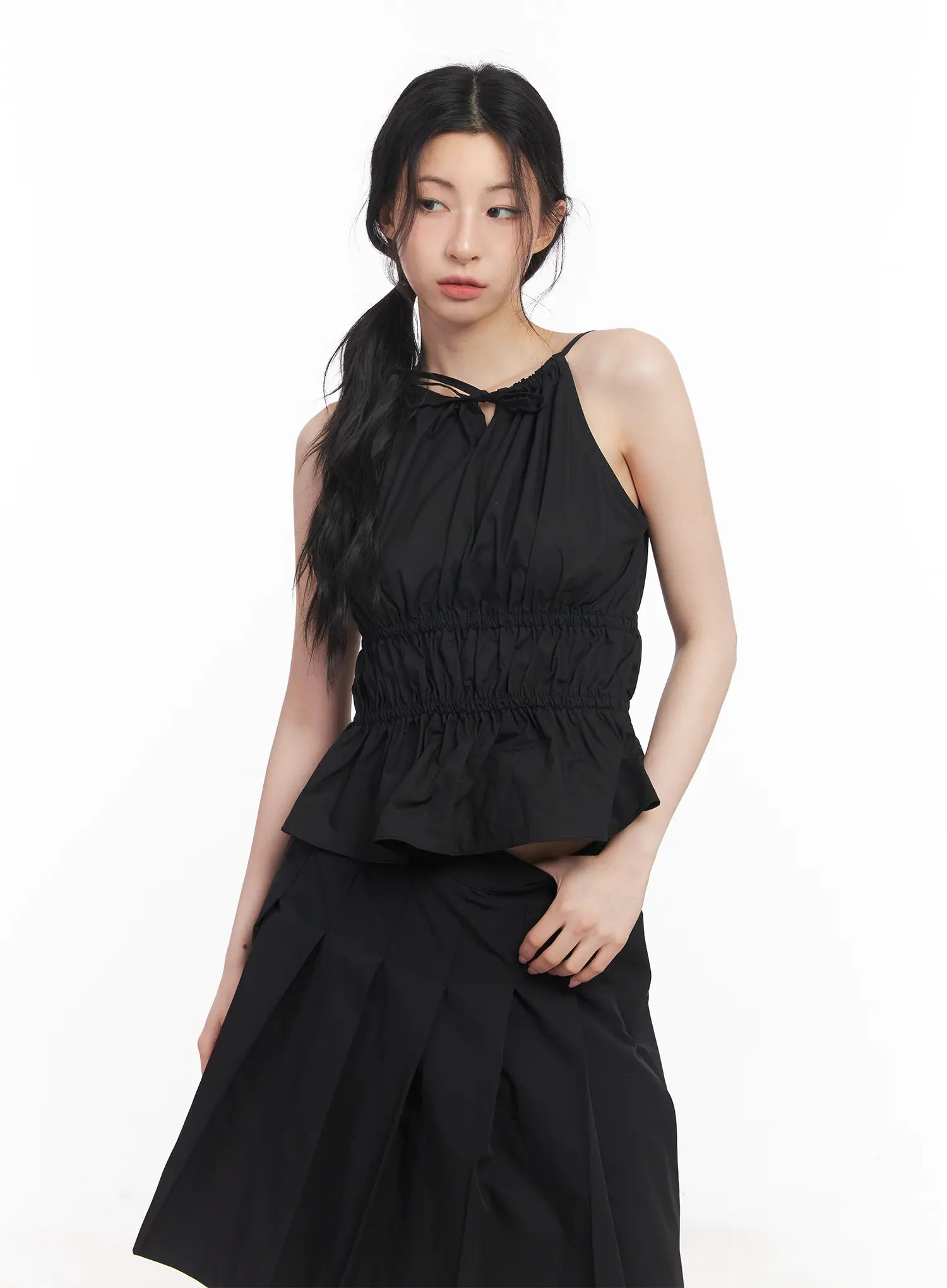 shirred-halter-neck-blouse-cu510 / Black