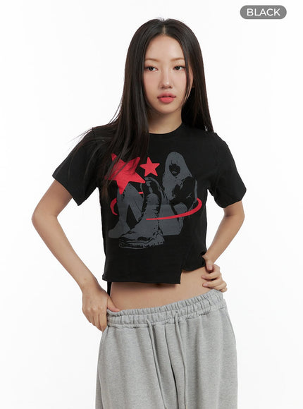 unbalanced-graphic-crop-tee-cl417 / Black