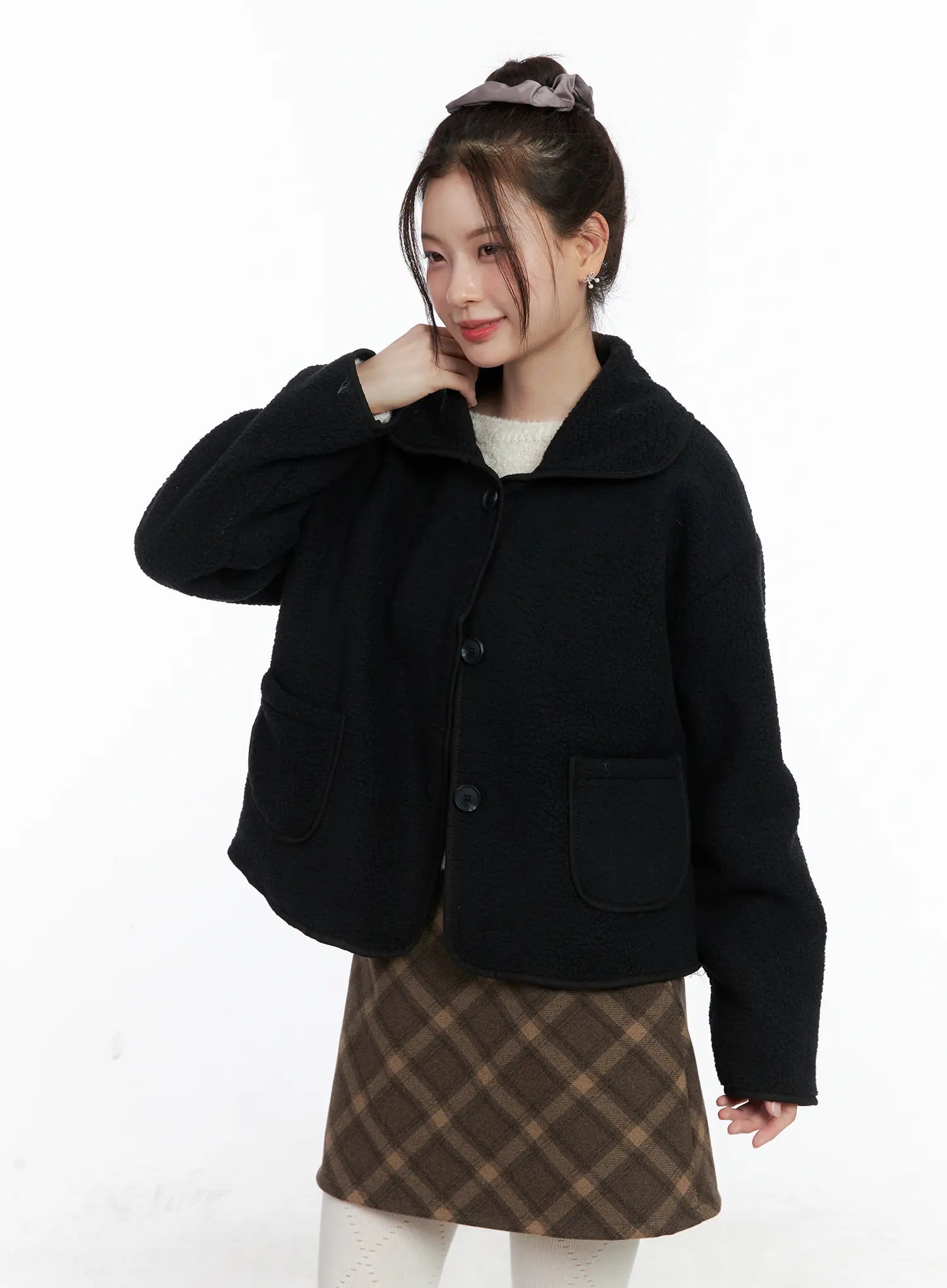 oversized-button-up-fleece-jacket-cn518 / Black