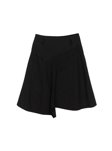 asymmetric-pinstripe-midi-skirt-cg511 / Black