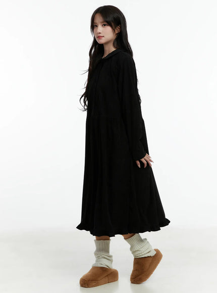 collared-corduroy-long-sleeve-maxi-dress-cd523 / Black