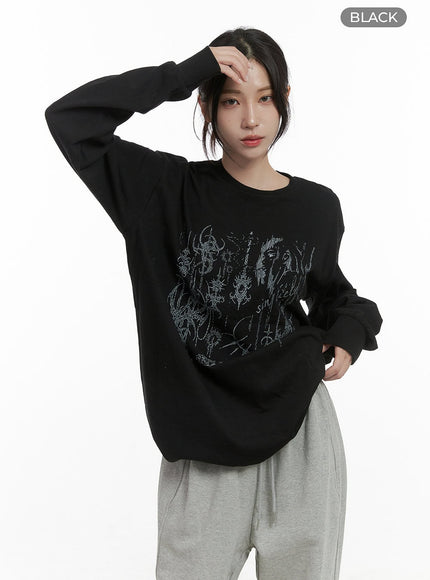 chic-graphic-print-cotton-long-sleeve-tee-co402 / Black