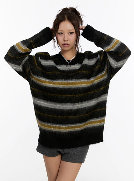 oversized-striped-knit-sweater-cn527 / Black
