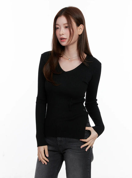 Ribbed V-Neck Long-Sleeve Knit Top CG521