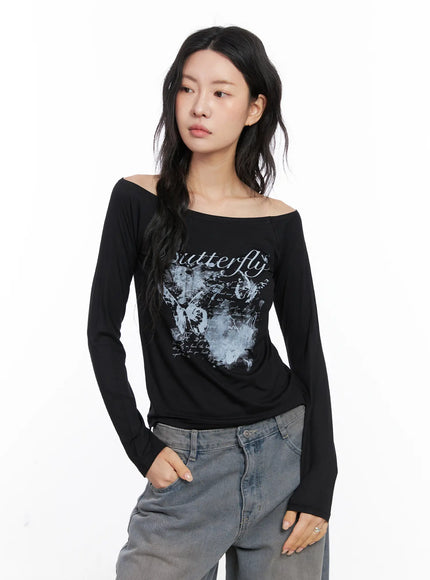 graphic-off-shoulder-long-sleeve-tee-cc1809 / Black