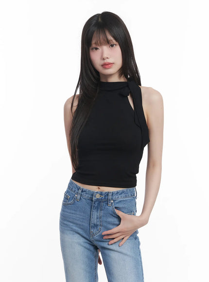 slim-fit-halter-tie-tank-top-cu520 / Black