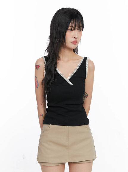 lace-v-neck-ribbed-tank-top-co507 / Black