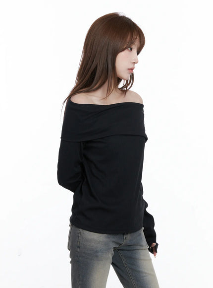 ribbed-off-shoulder-long-sleeve-tee-cg529 / Black